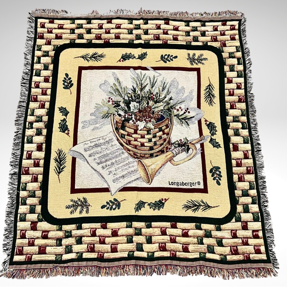 VTG Longaberger Holiday Throw Blanket with Floral Basket and Bugle Design 51x58